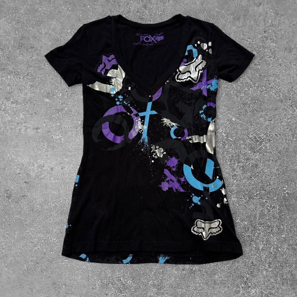 Fox Racing Black Y2K Splatter Graphic V-Neck T-Shirt Blue Purple Small